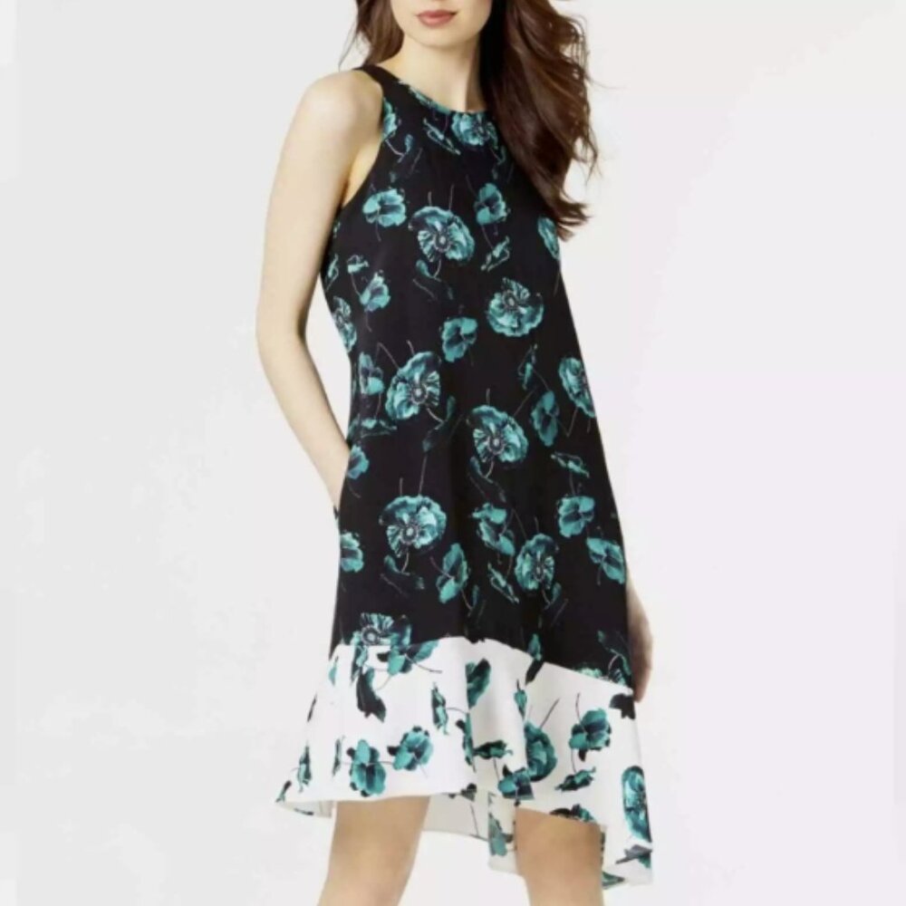 Alfani Black & Green Floral Sleeveless Asymmetrical Hem Dress Sz 10